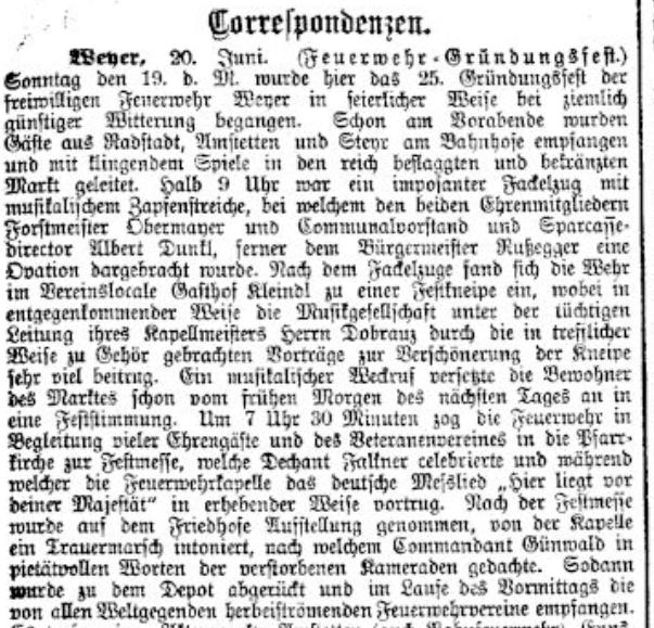 Weyer an der Enns Tages Post Nr. 142 vom 24.06.1898 S 3 Auszug 1